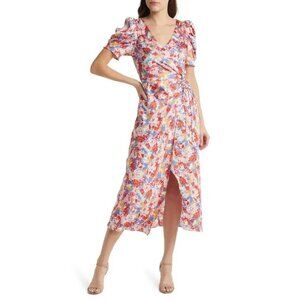 Floret Studios Women's Floral Midi Dress XS Satin Faux Wrap Slit Puff Sleeve